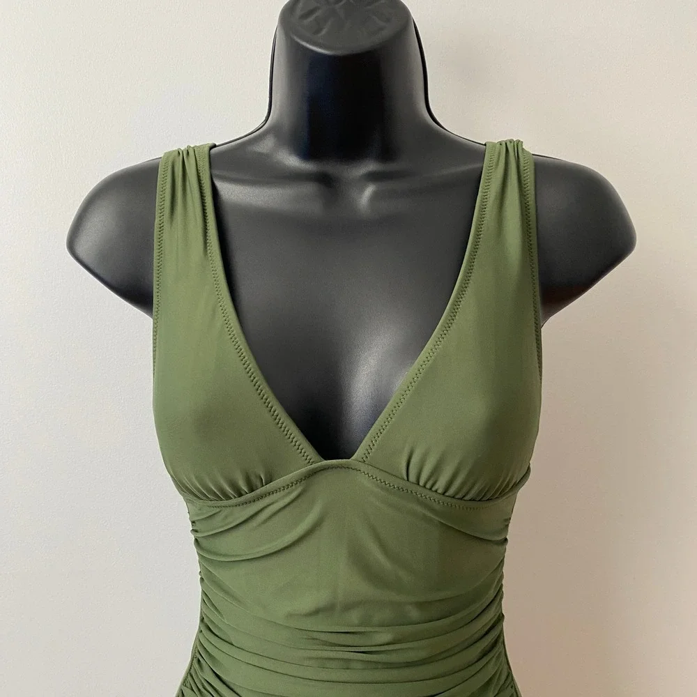 J. Crew Size 2 Olive Green One Piece Swimsuit Ruched V-Neck Swimwear